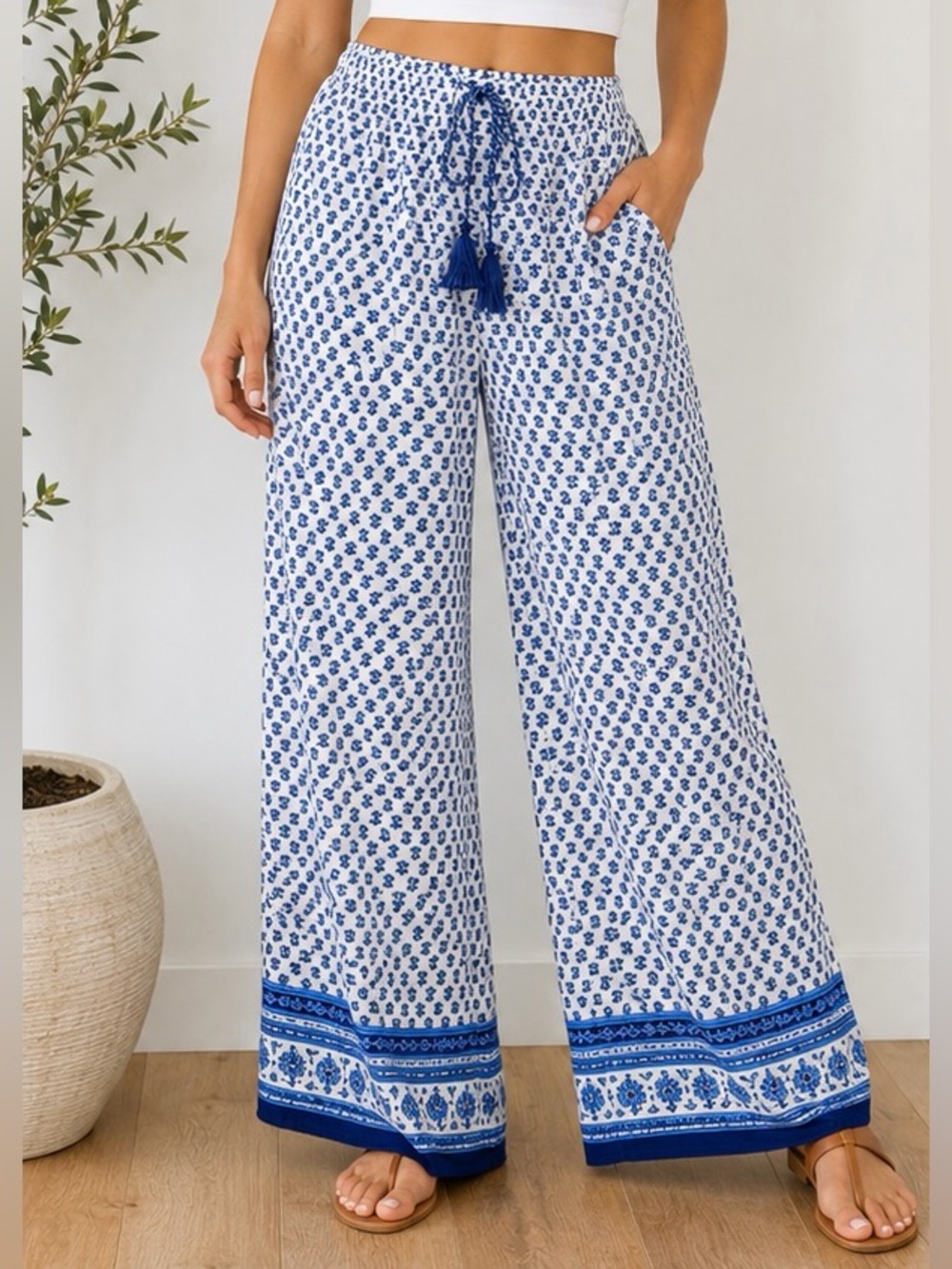 Sophie Max Blue White Wide Leg Palazzo Pants Rayon Tassel Boho Large